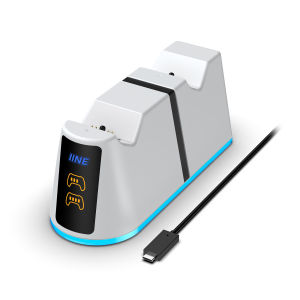 แท่นชาร์จคู่ควบคุม PS5 IINE พร้อมระดับแบตเตอรี่ที่แสดงผลได้ชุดสัญญาณไฟ LED ชัดเจนและการชาร์จและแสง RGB ที่มีประสิทธิภาพและรองรับ PS5 Dualsense/Edge