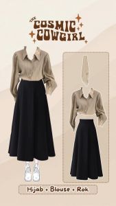 One Set OOTD Wanita Kekinian | Hijab Bella Square + Kemeja Polos + Rok Payung | RF209 GU