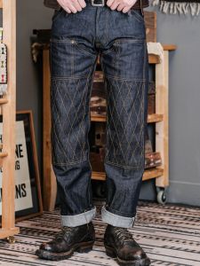 14OZ Deep Blue Original Denim Riding Jeans Anti-Fall Diamond Reinforced Long Workwear Pants Thick Cotton Straight Leg Trousers