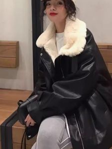 WANGGONGZHU | Womens Black PU Leather Jacket Coat Integrated Fur Loose Casual Biker Style Autumn Winter New Korean Version Long Sleeve