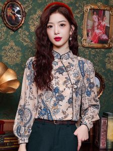 Retro Chinese Style Shirt Womens Spring Autumn New Style Gown Button Print Long Sleeve Stand Collar Lantern Sleeve Top