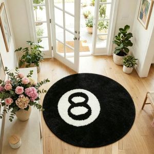 VIKAMA Round Number 8 Shaggy Rug Black White Soft Fluffy Non Slip Circle Floor Mat For Entryway Bedroom Home Decor