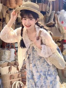 Bohemian Hooked Floral Lace Sun Protection Cover up Womens Summer Outerwear Knitted Top Short Shoulder Shawl Open Cardigan Coat