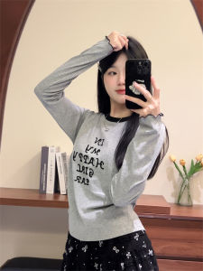 Unique American Embroidered Letter Long Sleeve Womens T-shirt Sweet Style Slim Fit round Neck Top for Early Autumn