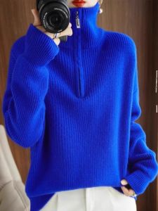 Brand Discount Export Single Withdraw from Cupboard European Goods Cut Label Half Open Zipper and Lapel Klein Blue Knitwear Sweater Female