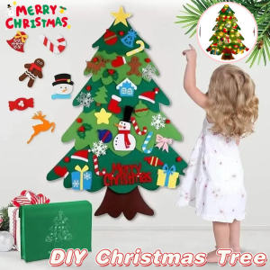 Kids DIY Felt Christmas Tree with Light Ornaments Wall-mounted Xmas Decoration Toy Christmas Gifts
