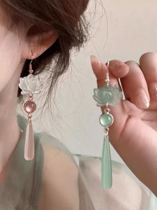 New Chinese Style Lotus Cats Eye Stone Waterdrop Earrings Womens National Style Hanfu Ancient Style Ear Hooks Ear Jewelry