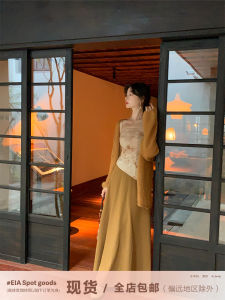 ชุดแฟชั่นใหม่สไตล์จีนย้อนยุคสำหรับผู้หญิง ฤดูใบไม้ร่วง/ฤดูหนาว เสื้อตัวบนกระโปรงยาวครึ่งตัว เสื้อผ้าทำงานสไตล์ญี่ปุ่น