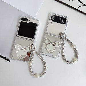 Cute Cartoon Z Flip 3 4 5 6 7FE Mirror Case Back Cover Shiny Rhinestones Samsung Galaxy Z Flip7 FE Casing DIY Handmade Shockproof Protective Phone Case with Beaded Wrist Strap