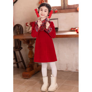 New Year Girls Cheongsam Dress Thickened Winter Childrens Clothing Traditional Chinese Style Red Qipao Skirt for Little Girls