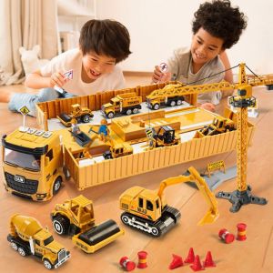Childrens Musical Engineering Vehicle Toy Set Large Container Storage Truck Toy Parking Lot Model Alloy Excavator Crane Trailer Educational Toy Boys and Girls Birthday Christmas Gifts！！！