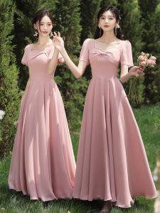 Pink Maidsmaid Gown Korean Style Long Dress with Belt Pure Color Short Sleeve Floral One Shoulder Evening Performance Costume