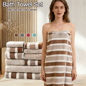 8pcs Coral Fleece Towel & Bath Towel Set Striped 30x30cm washcloth/35x75cm Hand Towel/70x140cm Bath Towel Soft Absorbent