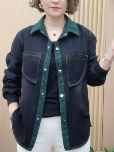 Loose plus Size Denim Jacket Womens Casual Style Autumn New Arrival Mom Clothes Top for Middle-Aged Women Long Sleeve Polo Collar