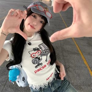 เสื้อยืดคอกลมแขนสั้นผ้าฝ้ายแท้สีขาวลายการ์ตูนสำหรับผู้หญิงในช่วงฤดูร้อน ทรงสลิมฟิต เสื้อผ้าทำงาน สัมผัสกับอากาศ