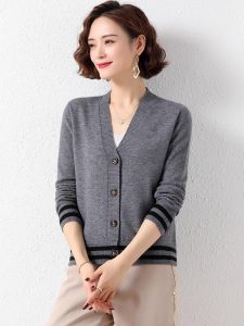 Womens Knitted Short Thin Cardigan Spring Autumn Outerwear Casual Loose Fit Soft Korean Style Long Sleeve V-Neck Sweater