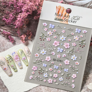 1Pcs 5D Embossed Watercolor Wildflower Nail Stickers Pink Purple Flowers Self-adhesive Nails Decals Sweet Style Manicure Slider