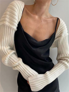 Kenbei Kardashian เสื้อไหมพรมแขนยาวไหล่ตกสไตล์ยุโรปอเมริกาเสื้อตัวนอกผ้าถักแบบสั้นสีล้วนเสื้อคลุมไหล่ใส่ช่วงฤดูใบไม้ร่วงและฤดูหนาวสำหรับผู้หญิง