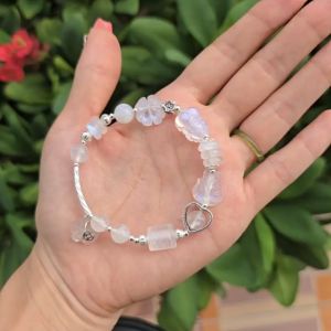 Q388 Lắc bạc Moonstone mix full charm lu thống ngũ điếu cỏ 4 lá hồ ly tỳ hưu túi tiền Moonstone treo móc bạc cho Kim và Thủy - Phong Thủy TUDO