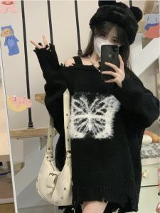 เรียบหรู สีดำ ปมผีเสื้อ เสื้อสเวตเตอร์ เสื้อโค้ท ผู้หญิง ฤดูใบไม้ผลิ ฤดูใบไม้ร่วง ถัก เสื้อท่อนบน สไตล์การเดินทางทํางานเปิดไหล่ไม่สมมาตร