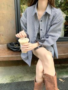 Spring and Autumn Best-Selling Contrast Color Vertical Stripes Shirt Coat Womens Niche Design Loose Shirt K-style Long Sleeves Tops Fashion