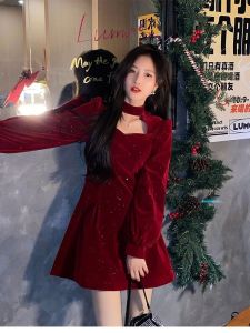 Autumn Winter Velvet Christmas Style Short Dress Womens Red New Years Fashionable Little Fragrance Wind Princess Gown