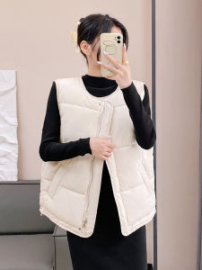 Korean Style down Cotton Vest Womens Shoulder Pad Autumn Winter round Neck Sleeveless Outerwear Pure Color Vest Trendy Top