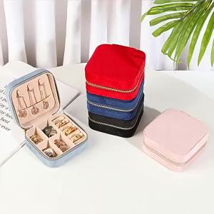 Hộp Đựng Trang Sức Bằng Nhung Dành Cho Nữ Hộp Đựng Đồ Du Lịch Di Động Có Khóa Kéo Hộp Đựng Hình Vuông Để Đựng Vòng Cổ Nhẫn Bông Tai