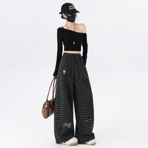 La Chapelle | Cartoon Embroidered Stripe Wide Leg Pants