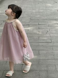 Girls Summer Lightweight Cool Strap Dress Holiday Style Princess Gown Mesh Fabric Korean Style Pure Color Skirt for Ages 2-10