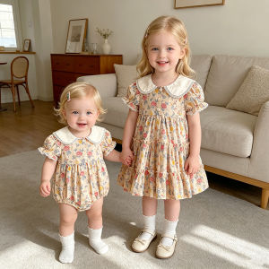 2026 Summer 0-24M Baby Girl Embroidery Collar Bodysuit 2-6Yrs Kid Sweet Party Short Sleeves Floral Print Dress Sister Dress