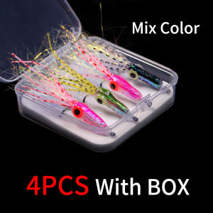 4PCS/Box #4 Small Squid Fly 3D Luminous Eyes Flash Body Artificial Trout Bass Saltwater Fishing Lures Baits Olive Black Rose