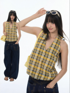 JNXS | Gingham Neckline Sleeveless Female Spicy Style Shirt