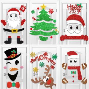 Christmas Door Window Stickers Christmas Tree Santa Claus Elk Decoration Sticker For Window Wall Door Xmas Home Party Decor