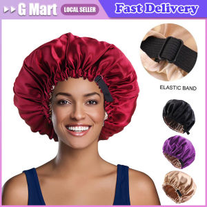 Adjustable Double Layer Satin Bonnet Nightcap Doubleside Women Round Shower Caps Night Sleep Polyester Hat Solid Black Lining