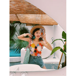 Beach Vacation Style Hollow out Knitted Crop Top Womens Sweet Design Sensation Hooked Flower Vest Short Length Heart Pattern