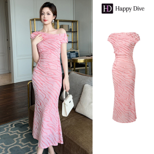 Happy Diva เดรสผู้หญิง เดรสสีชมพู เดรสปาดไหล่ เดรสหางปลา เดรสทำงาน เดรสไฮโซ เดรสวินเทจ เดรสออกงาน เดรสปาร์ตี้ ชุดราตรี 21371