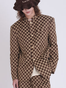 Jubee Plaid Shoulder Pad Stand Collar Jacket Mens Retro Floral New Chinese Style Open Cardigan Casual Versatile Long Sleeve