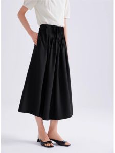 WANGGONGZHU | Slimming A-Line Midi Skirt Womens Summer 2025 New Elegant Hepburn Style Pleated High Waist Polyester Fiber Commute Simple Design