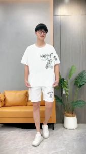 ชุดวาฟเฟิลผู้ชายฤดูร้อนอินเทรนด์เสื้อยืดแขนสั้นสไตล์ลำลองเสื้อ + กางเกงขาสั้นชุดกีฬา 2 ชุด