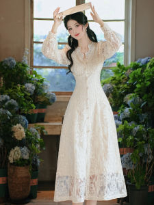 Elegant French Style Long Sleeve Lace Dress Birthday Skirt Registration Ceremony Dress Elegant Midi Silhouette Silk Blend Fabric