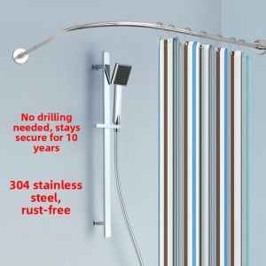 Bathroom Arc Shower Curtain Rod Set No Drilling Adjustable 304 Stainless Steel L Waterproof Mildewproof Wet And Dry Separation