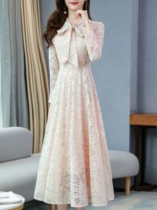 Elegant Long Sleeve Lace Dress High Waist Slimming Lady Spring Autumn Fashion 2025 Womens Mom Anti Aging Long Dress