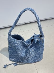 Handcrafted Tie Dye Denim Tote Bag Large Capacity Shopping Bag Casual Single Shoulder Handbag Star Bag Soft Canvas Youth Backpack