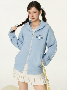 Gbiaior | Loose Zipper Hoodie Sweater Casual Blue