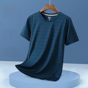 เสื้อยืดแขนสั้นผ้าไหมคริสตัลแห้งเร็วสำหรับผู้ชาย ฤดูร้อน ออกกำลังกาย ซับ�่าย ชุดกีฬา คอตั้ง ปกติ เส้นใยโพลีเอสเตอร์