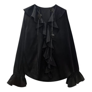 เสื้อเชิ้ตคอวีแขนยาวสีดำสำหรับผู้หญิง เสื้อเชิ้ตทรงหลวมๆ สไตล์ลำลอง เส้นใยผสมคอตตอน ผ้าฝ้ายระบายอากาศได้ดี ฤดูใบไม้ผลิและฤดูร้อน