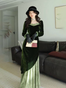 CHANGTONG | Đầm Elegance MESH và Velvet Màu Xanh Vintage Pháp cho Dịp Quan Trọng