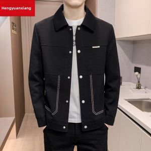 HENGYUANXIANG | Casual Shirt-Style Mens Jacket Black Outerwear Spring Autumn New Arrival Fashionable Durable Polyester Fiber Long Sleeve