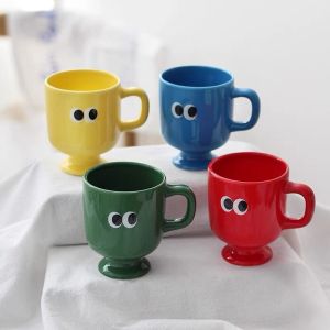Colorful Tall Legged Big Eyes Ceramic Coffee Mugs Korean Style Retro Couple Water Cups Gifts Cartoon Pattern 301mL-400mL Capacity